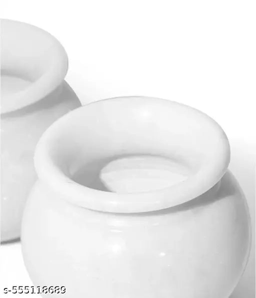 Pack of 2 Round Marble Kalash for Pooja | Handicraft Home Decor Designer Puja Lota for Holy Water in Temples & Home