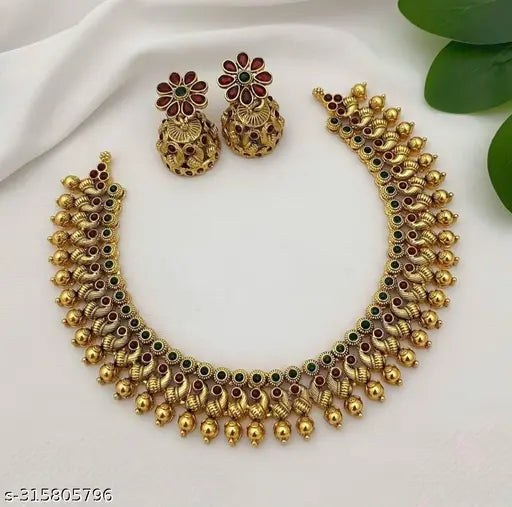 Shilpa creation's Gold plated pearl & ruby studded artificial temple jewellery. Wedding Jewellery Necklace of Adyashree latest jewellery fashion Set For Women II