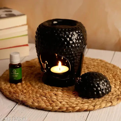Ceramic T-light Buddha Aroma Diffuser with 2 Candles & 10ml Lemon Grass Aroma Oil for Home/Office & Spa Air Purifier and Freshener for Aromatherapy (Pack of 1, Black)