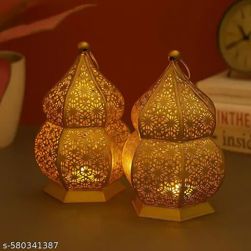 DECO CRAFTS - ( PACK OF 2 ) Floral cutwork Elegant golden metal lantern for festive décor, home accents and Gifiting purpose !!! SHOP NOW !!!