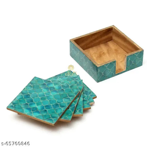 DULI Enamel Coasters for Tea Coffee & Dining Table| Set of 6 Coasters with Stand (TealDrops)