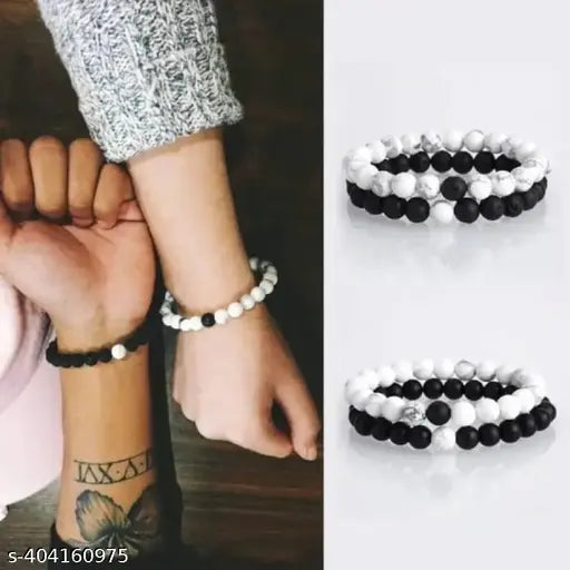 Fashion Distance Couple Natural Stones Reiki Yoga Healing Onyx and Howlite Unisex Bracelet for Men and Women