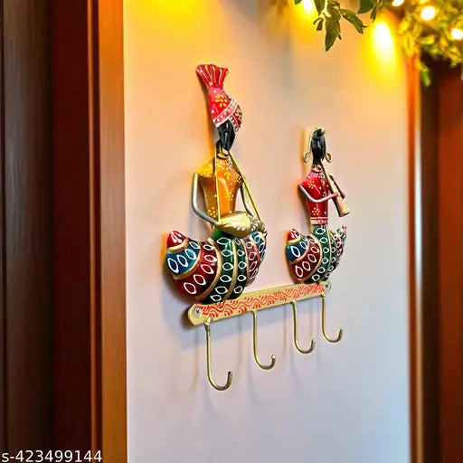 Handcrafted Rajasthani Couple Wall Hanging Key & Cloth Holder – 12 Inch