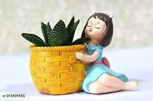 Dopin Nature Friendly and Peaceful Cute Dreaming Fairy Girl with Succulent Basket Planter Pot (Without Plant, 12X12X10, Blue-Yellow)