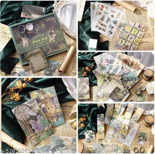 346pcs | Vintage Aesthetic Scrapbook Kit | Supplies Kit with A6 Grid Notebook, Washi Tape, Stickers, Scrapbook Paper, Envelopes, Journaling Cards, and Decorative Stamps (Nature Theme)
