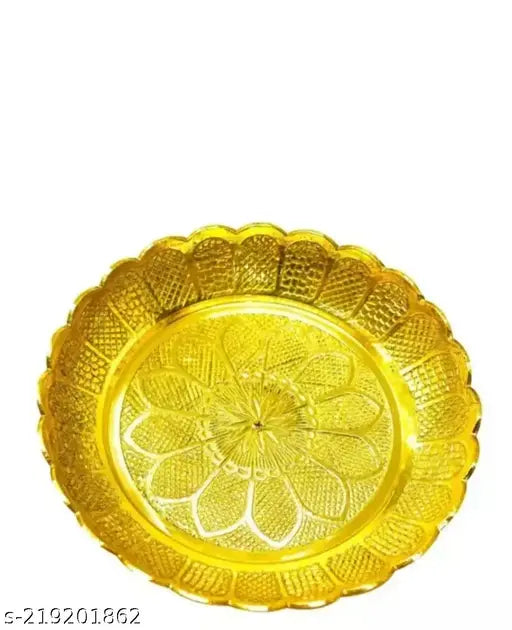 Fashionable Puja Articles Name: Fashionable Puja Articles Material: Brass Type: Pooja Thalis & plates Product Length: 10 M Product Height: 1.5 M Product Breadth: 1.5 M Net Quantity (N): 1 beautiful brass plate for bhog and other items for office , house,