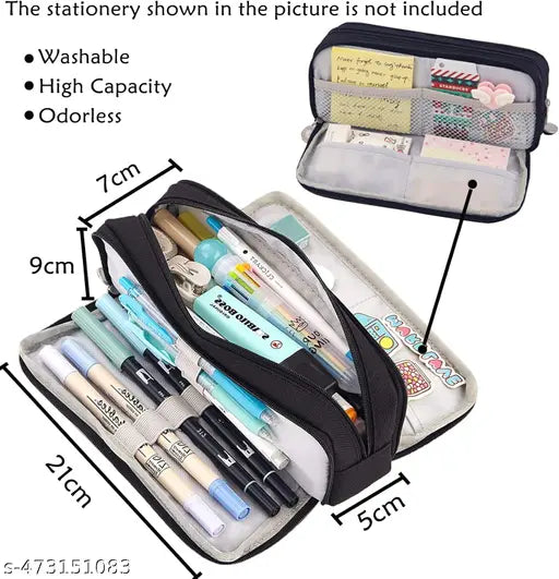 Polyester Large Capacity Pencil Box For Girls & Boys, 3 Compartments Pen & Pencil Pouches, Aesthetic Stationery Pouch For School Kids College Students, Cute Stationary King (1ps/Black)