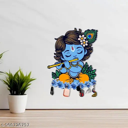 Karni Premium Little Krishna Wooden Wall Key Holder, Key Hanger for Living Room | Home Decor | Office Gift Items - 11.5' x 5.5' Inch Multi, (Pack of 1) Material