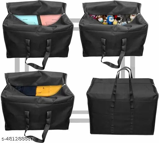 M Teaser Nylon 4 Pack 85 L Moisture Proof Multi-Purpose Storage Bag/Clothing Storage Organiser/Toy Storage/Stationery Paper Storage Bag with Zipper Closure & Strong Handle (Black, 57x36.8x40.5 cm)