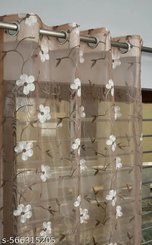 Embroidery Premium Floral Design Transparent Sheer Net Curtain with Metal Eyelet/Ring (Pack of 1) - BROWN