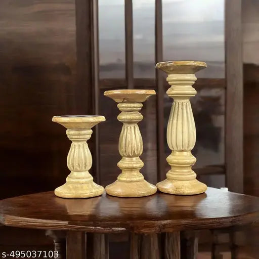 A piece of wood Decorative Wooden Pillar Candle Stand, Set of 3 – Hand Crafted Wood Candle Holders for Living Room, Table Centerpiece, Mango Wood Medium Polish Finish (SIZE1(10', 8', 6'))