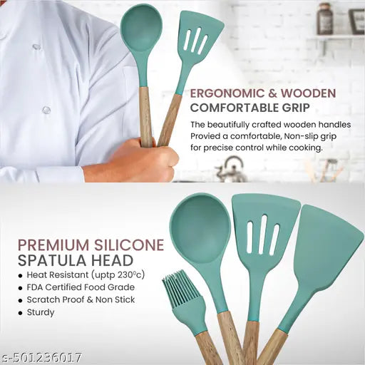 NARUIA Silicone Spatula Set for Non Stick Pan, Ladle, Turner, Spatula, Brush Kitchen Cookware Set with Wooden Handles, Baking and Mixing, Durable (4Pc, Green)