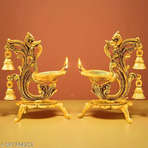 Golden Set of 2 - Peacock Design Metal Swastik Diya