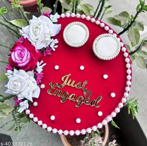 Mridang Engagement Wedding Ring Holder Platter Just Engaged Thali | Wedding Ring Platter | Marriage Décor | Engagement Ring Tray (Pink Rani,White)velvet