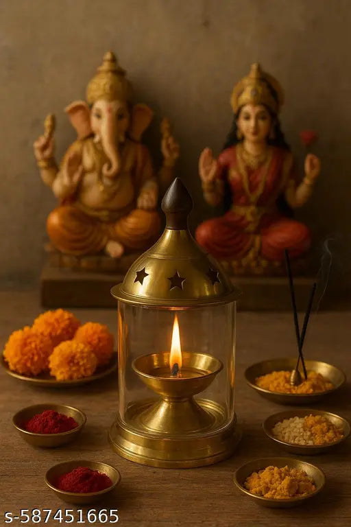 Traditional Brass Diya Lantern with Incense Holder and Hindu God Statues - Spiritual Puja Ritual Set