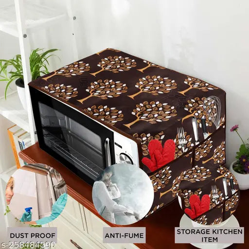 E-Retailer® Exclusive Polyester Combo Set of Appliance Cover (1 Pc. of Microwave Oven Top Cover and 1 Pc Handle Cover ) (Color-Brown, Design-Tree, Set Contains-2 Pcs.)