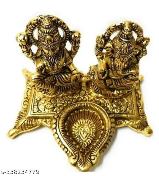Lakshmi Ganesha with Diya Metal Idol | 15 cm Decorative Murti | Diwali Pooja & Home Temple Decor