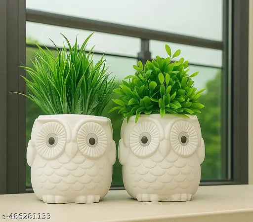 Dodecroo® (Pack Of 2) Fake Plants With Owl Shape Pot For Home Décor Item , Living Room Décor , Balcony Décor , Decorative Plant Pot Cute Owl Planters For Indoor Decoration Room Décor, Faux Plant Pot For Tabletop Plant Décor