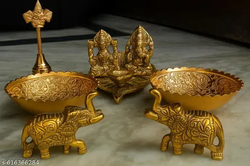 Traditional Aluminium  Lakshmi Ganesha Pooja sets With Diyas and Elephant & A Beautiful Bell