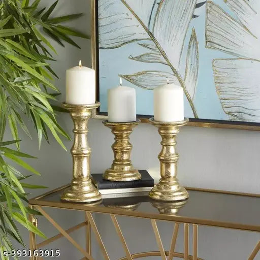 A Piece of Wood Golden Rustic Candle Holders Mango Wood Candle Holders Candles Pillar for Home in Living Room,Bedroom,Dining Table Centerpiece Set of 3 Candlestick Holder
