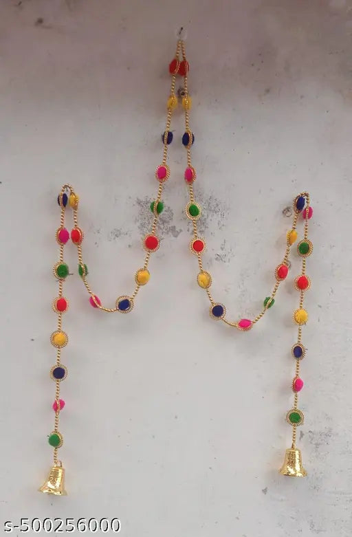2 Pcs Handmade Wall Door Red Yellow Green blue Hanging Pom Pom Torans Garland Bandhwar with Golden Bells Decoration Item, Home Decoration, Diwali Decoration, temple Room. home ,ofic etc