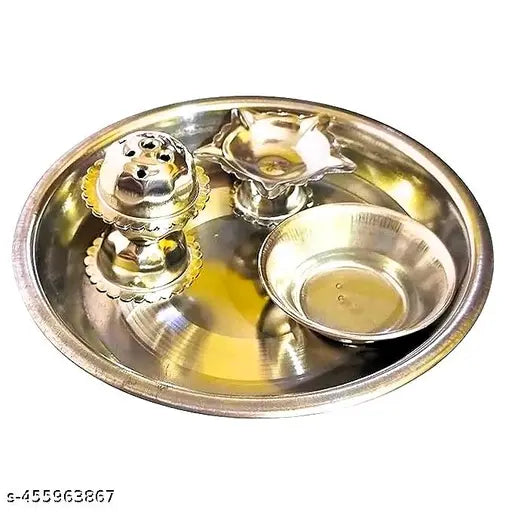 Stainless Steel Aarti Pooja Thali Set | Puja Thali for Aarti for Home Temple Steel Thali