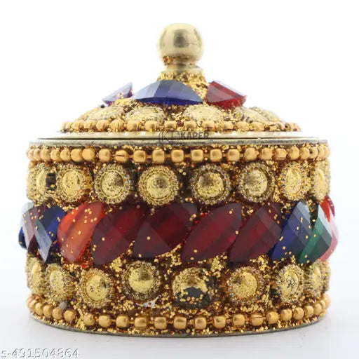 KAPER Sindoor Box with Stick Brass Handmade Kumkum sindoor ki dibbi or Brass dani Puja Articles for Gift (2" x 2" x 2")
