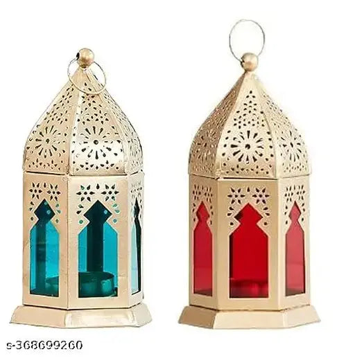 Hanging Candle Holder Tea Light Lantern Gold with Blue RED Glass for Decoration Diwali Anniversary Part Home etc Pack of 02
