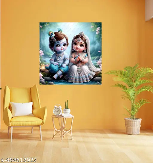Decor Villa™ Cute  Radha Krishna Wall Poster, Baby Krishna, Radha Krishna Multicolour Wall Poster For Living Room, Office Room, Bedroom Etc.