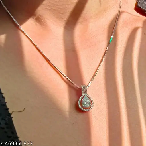 Silver-Plated White AD Pendant for Women | Zircon Diamond Necklace with Chain | Stylish Jewelry