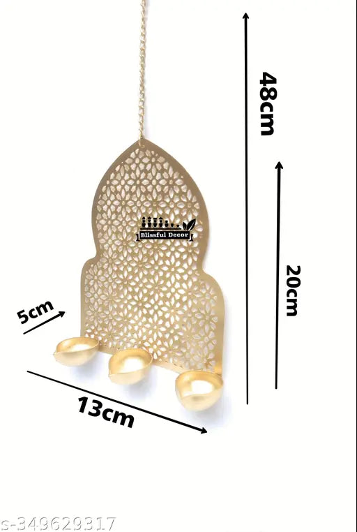 blissful decor Presents 3 Tealight Candle Holder for Home Decor Wall T-Light Holder high Gloss Golden jharokha Design Candle Holder Wall Hanging (Iron) Pack of -2