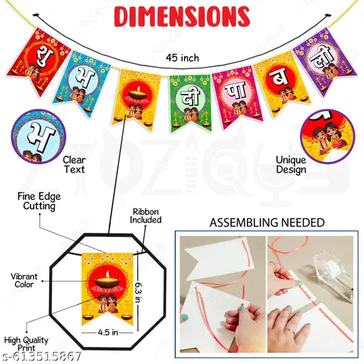 Zyozique® Diwali Festival Decorations Set, Paper Banner with Ganesha Motifs, Shubh Deepavali Paper Banner With Diya Motifs, Traditional Hanging Decor Cutouts Multicolor - Pack Of 35