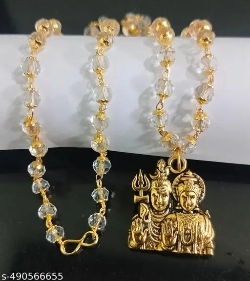Trending stylish new hindu religious gold plated lord Shiva Parvati Mahadev mahakal Shankar locket with Crystal mala chain pandent Necklace for boys/men and girls/women