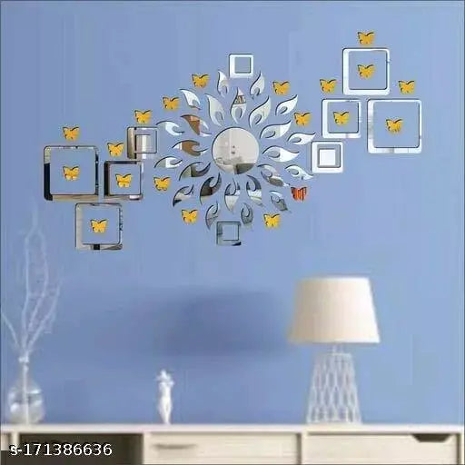 HOME DECORED Silver Sun Flame 12 Square Silver With 20 Butterfly Golden 3D Acrylic Mirror Wall Sticker Decoration for Kids Room/Living Room/Bedroom/Office/Home Wall.