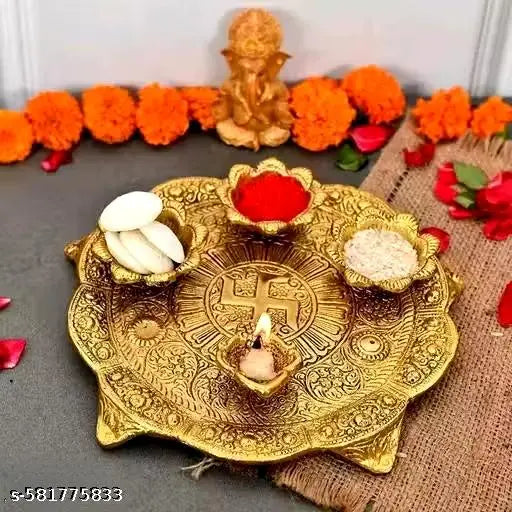 Big Size - Antique Gold Plated Pooja Thali Set ,Kumkum, Rice & Diya Holders