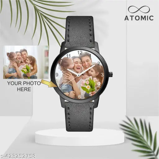 Atomic New Customised Photo Print Analog Watch (Black) for Men & Women | with Elegant Black Strap | Trending Black Case