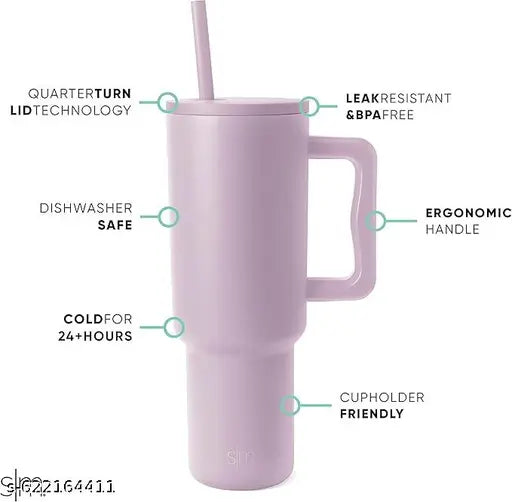 1200ML Stainless Steel Tumbler with Handle & Lid, Straws – Large Travel Mug Water Cup for Gym, Office & Outdoor Use (Purple)