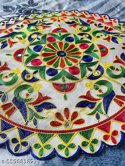 Pack of 2 Multicolor Embroidered Round Pooja Chowki Rumal | Decorative Deity Base Cloth