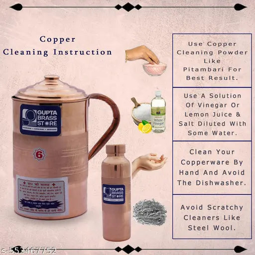 GUPTA BRASS STORE Pure Original Copper Water Jug (2L) & Copper Bottle (1000ml) set