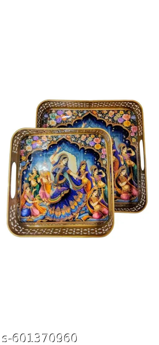 "Traditional Radha Krishna Artwork Decorative Serving Tray Set – Premium Wooden Finish with  Elegant Design"