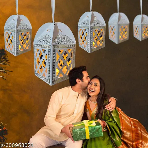 Paper Hanging Lantern with LED Diya Lights | Pack of 10 Decorative Lanterns with T-Light Votives | Diwali, Christmas, Wedding & Party Decoration