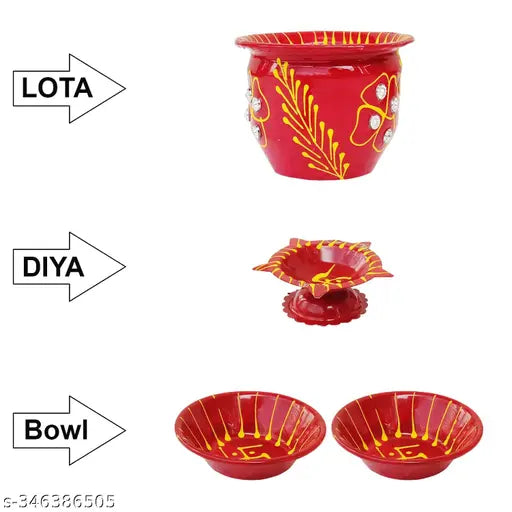 Handcrafted Decorative Puja Thali Set with Lota, Diya and Bowl (Red Colour)