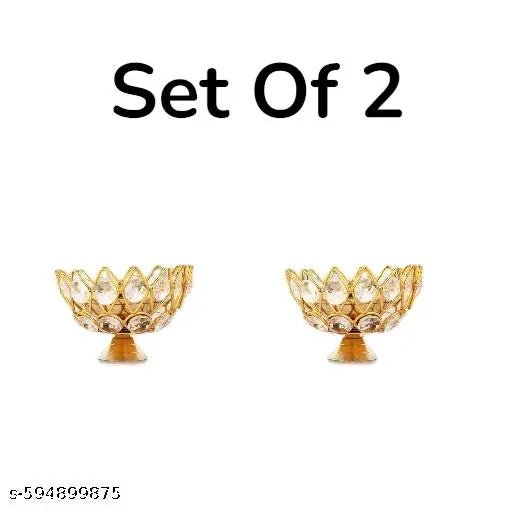 HUZUR JI Brass Oil Diya Lamp Pooja Article | Lotus Style Crystal Lamp Set of 2 Brass, Crystal (Pack of 2) Table Diya Set (Height: 2.5 inch)
