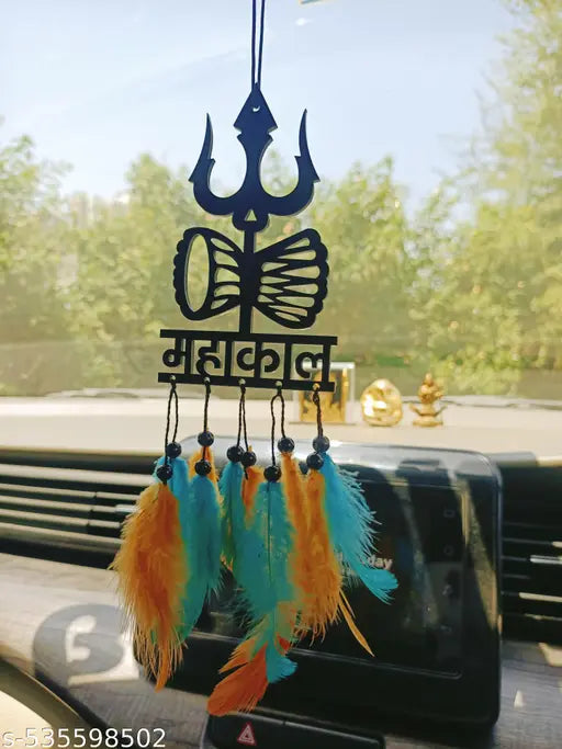Handmade Mahakal Car Hanging – Black Acrylic Dream Catcher with Orange and Green Feathers | Good Luck Charm for Positive Vibes | Spiritual Mirror Hanging for Car, Room, Balcony & Gift Decor | 1 Pc