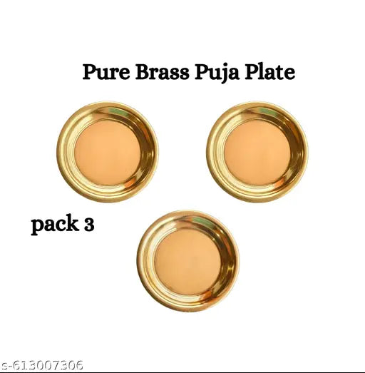 Pure Brass Pooja Plate Pack of 3 | Traditional Small Brass Plates for Temple & Home Use
