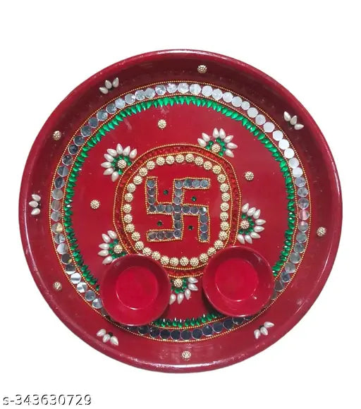 Handcrafted Decorative Pooja Thali Set | Puja Thali for Aarti   (Red -10.5 Inch)