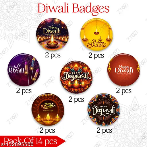Zyozi® MultiColor Happy Diwali Round pin Badges, Badges For Diwali Celebration - Round Pin Button Badge for Diwali, Shubh Deepavali Decorations Badges, Diwali Badges (Pack Of 14)