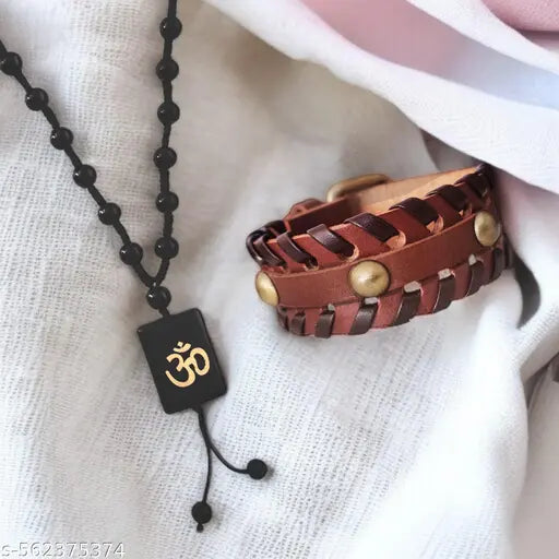 M Men Style  Religious Lord Shiv Om Pendant Mala With Men's Biker Leather Bracelet - Handcrafted Vintage Black Braided Cuff with Metal Studs | Punk Rock Wristband for Men SCom202529