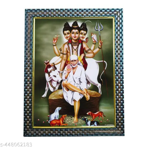 Dattatreya Saibaba Gurudatta Dattaguru Wall Painting Framed Home Decor Photo Frame (09"x12" image size) (10.5"x13.5" Frame Size)