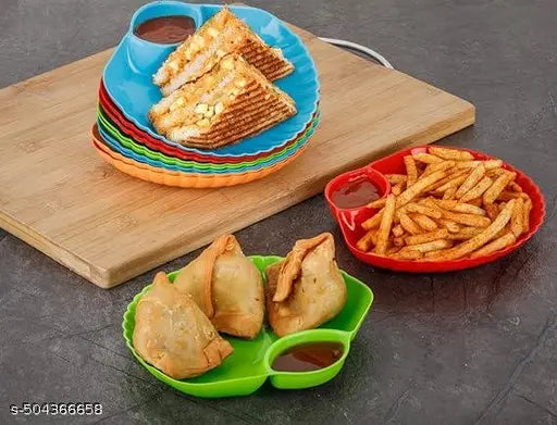 (12 Pcs Set) Plastic Lunch Plate, Dahi and Chat Plate, Snack and Appetizer Plate, Tray for Party and Daily use Serving Platter Plate for Serving Pasta Starters Utensils Breakfast - Multicolor